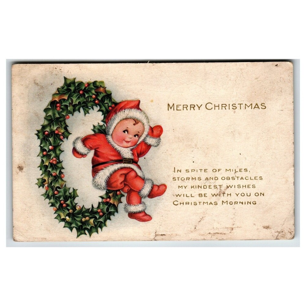 Vintage 1919 Baby Santa Claus Holly Wreath Christmas Postcard Whitney Made